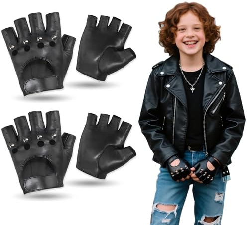 YCZARD 2 paia di guanti senza dita per bambini, in pelle PU, stile punk, con borchie, eleganti, gotici, in pelle, per cosplay, Halloween, per bambini di 8-12 anni