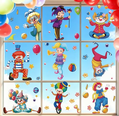 Clown fönsterbilder karneval självhäftande 9 delar, karneval dekoration fönsterklistermärken, återanvändbara för fönster kylskåp kakel, perfekt för karneval födelsedagsfest fönsterbilder barnrum