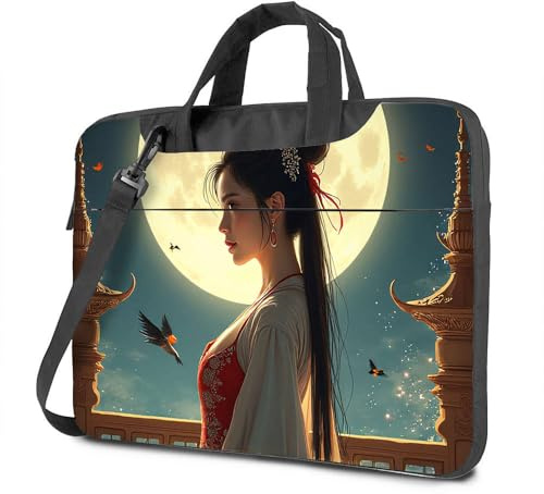 TFSW tygväska för kvinnor fullmåne och traditionell kinesisk skönhet laptopväska datorfodral för bärbara datorer 17 tums bärbar dator ryggsäck, Färg, 26x36cm