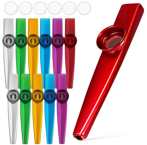 POPETPOP 12 Pack Metal Kazoos with 12 Replacement Membranes - Aluminium Kazoo Multipack Musical Instruments for Kids & Adults - Educational Music Toys & Fun Party Bag Fillers