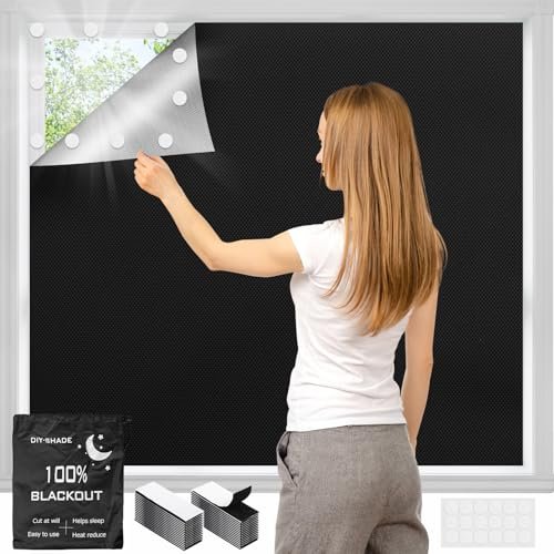 Black out Blinds Stick on, 400x146cm Portable Blackout Blinds Stick on Window, Temporary Blackout Curtains Film Fits with 30 Hook-Loop Tabs, Cutting any Size Shape for Bedroom, Travel and Skylight