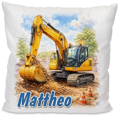 Unikatolo Kissen mit Name und Motiv personalisiertes Geschenk für Kinder Kinderzimmerdeko Kindergarten Schulanfang Kindergeburtstag Namenskissen, Baustelle, Weihnachten, Ostern (Bagger)