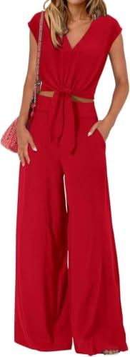 2-delat set för kvinnor med halsringad baskerärm (A6, M) | Kvinnors sommar 2 st klänningar 2026 Cap V-ärm krage bälte crop top breda ben byxor casual träningsoverall set