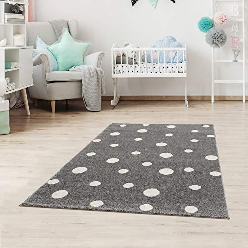 Jimri Kinderteppich DOTS l Pünktchen Gepunktet l Öko-Tex Siegel | Farbe: Beige Blau Rosa | Kinderzimmer/Jugendzimmer (Grau, 120x170 cm)