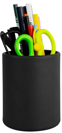Fosinz Porte-stylos en cuir PU Porte-crayons rond Pot à crayons Pot à stylos Porte-brosses de maquillage Support d'affichage Bureau Organisateur de papeterie pour la maison, le bureau, l'école (Noir)