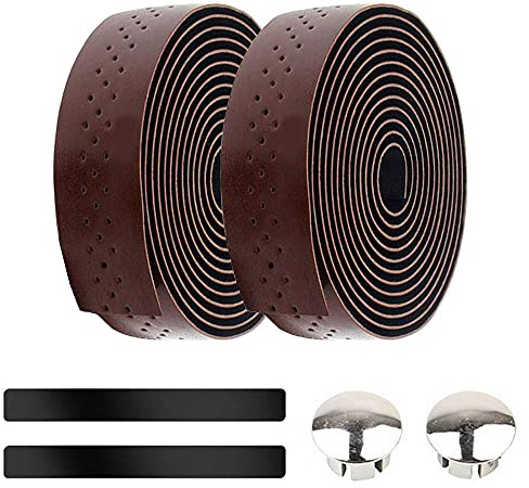ETOPARS 2 Piezas Marrón Cinta de Manillar de Bicicleta PU Cuero Carretera Ciclismo Cinta Manillar Antideslizante Bandas Respirable Comodidad Cinta con Tapón Extremo