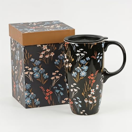 DUSVALLY 17oz Ceramic Travel Mug with Lid, Wildflower Coffee Mug, Floral Tea Cup with Handle, Gift Box Included