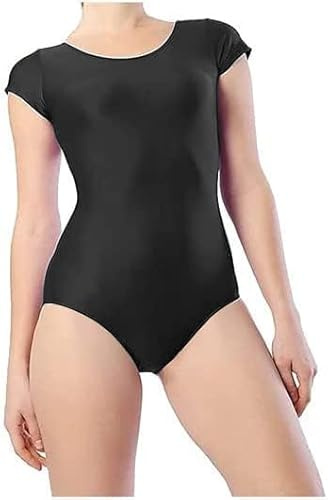 R&N FASHIONS Girls Shiny Short Sleeve Gymnastics Leotard | Stretch Dancewear for Ballet, Stage, Performance, Class, Practice | Soft Nylon Elastane Fabric - Black 7-8 Years
