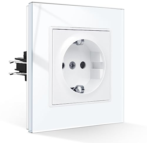 CNBINGO Schuko Steckdose Unterputz mit Krallen, Einzel Steckdose Gehärteter Glasscheibe, Weiß Schutzkontakt Wandsteckdose, 1-Fach, 16Amp, 250V