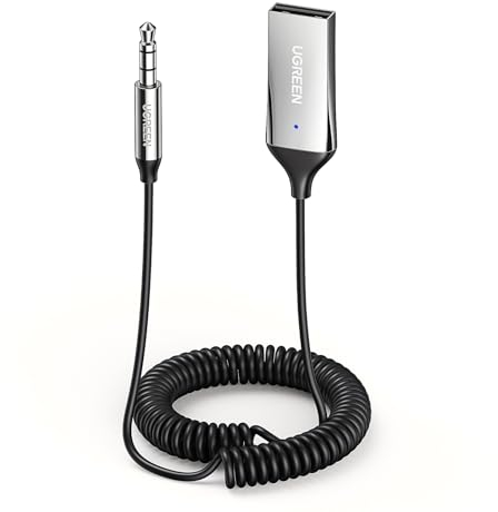 UGREEN Aux Bluetooth Adapter Auto Bluetooth 5.4 Empfänger Klinke für Freisprechanruf und Wireless Musik kompatibel mit Auto mit Aux und USB Anschluss, Lautsprecher, Verstärker (Silber-Standard)