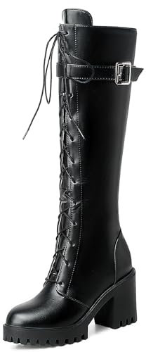 Joliss Donna Tacco a Blocco Knee Stivali con Fibbia Punta Rotonda Zip Stivali Alti Lady Moda Stivali Alti Laccio Nero Numero 35 EU