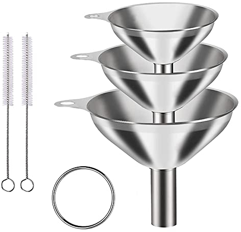 3 Stück Trichter Edelstahl, Küche Trichter Set Mit Griff und 2 Reinigungsbürste, Stapelbarer Kleiner Trichter für Umfüllen von Flüssigkeiten und Pulvern, 4,5/5,5/7,5cm