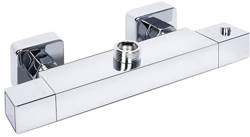 Ronvie Thermostatic Shower Mixer Bar - Two Outlet Wall-Mounted Brass Valve, 38°C Safety Lock & Cool Touch Surface with 3/4 G Top & 1/2 G Bottom BSP Connections, Chrome Finish (Square)
