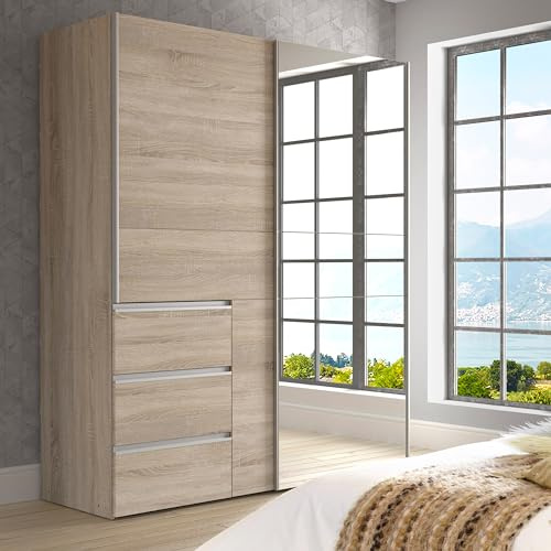 Forte Armadio WINN 2, Guardaroba con Anta a Specchio, Camera da Letto, Ante Scorrevoli con Cassetti, Decoro Legno: Rovere Sonoma, 170x200x61,2 cm