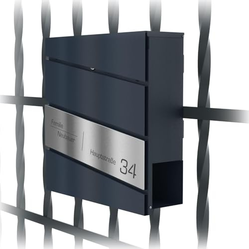Graviers Design Buzón en antracita RAL 7016 con soporte para valla, grabado láser diagonal, buzón de correo personalizado, acero inoxidable, nombre, número de casa, con candado y compartimento para