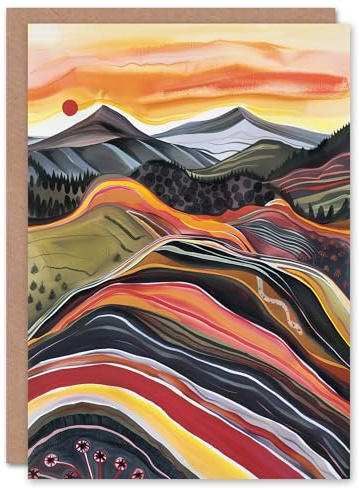 Greeting Card Cairngorms Mountains Scottish Sunset Folk Art Blank For Him Or Her Art Birthday Card