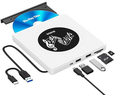 BUNUD Externes Blu Ray Laufwerk, USB 3.0 Bluray Brenner Extern USB C Externe Blu-ray Laufwerk mit 2 USB & SD/TF Slots, Externe Bluray laufwerke für PC Laptop Windows 11/10 Mac MacBook