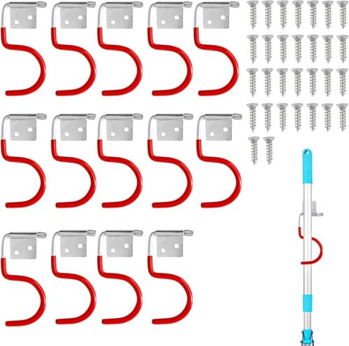 Gartengerätehalter Metallhaken, 15 Stück Gerätehalter Rot Haken, Besenhalter Werkzeughalter, Gummierung Gartengeräte, mit 30 Stück schrauben, Gartenwerkzeug Halterung für Garagen-Ordnungssysteme