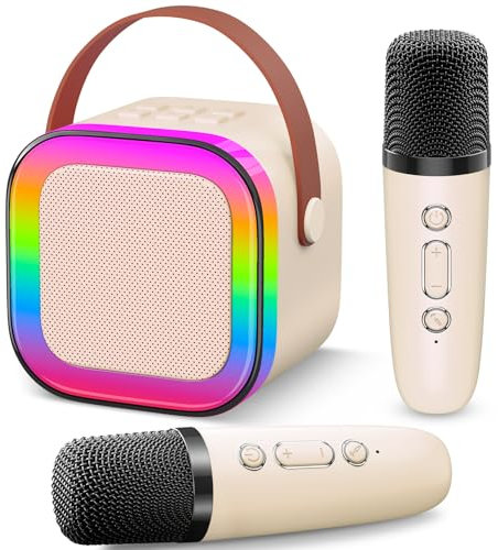 Gontence Karaoke Maschine mit 2 Mikrofonen - Beige Karaoke Mikrofone Geschenke Für Mädchen - Bluetooth Karaoke Mikrofon Kinder - Mikrofon für Mädchen 3-12 Jahre - Mädchen Spielzeug ab 3-15 Jahre