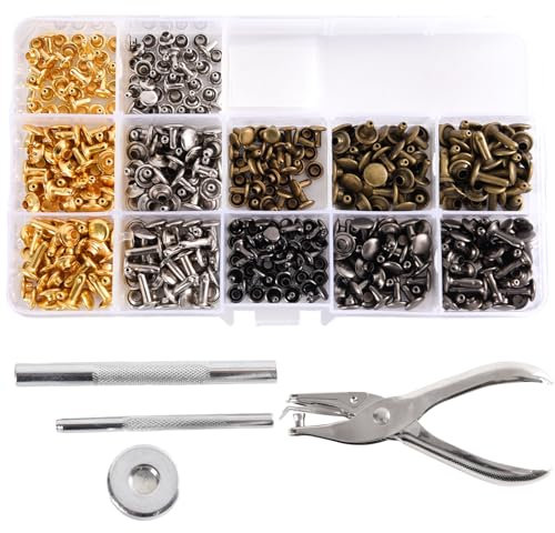 180PCS Leather Rivets, 3 Sizes Metal Double Cap Tubular Rivets, 3 Sizes Rivets for Bag Making,DIY Leather Craft Repairs Decoration with Leathers Hole Punch Pliers,for Clothes,Shoes,Belts,Handbags