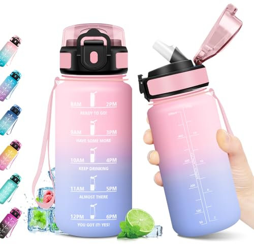 KollyKolla Bouteille Sport 500ml, Gourde avec Marqueur de Temps, Gourde Motivation sans BPA, Réutilisable, avec Paille, Étanche, Bouteille d'eau Idéale pour Randonnée, Bureau, l'école