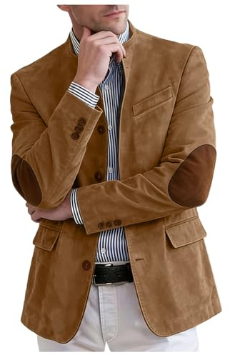 Men's Faux Suede Blazer Jacket with Elbow Path Spring Stand Collar Sport Coat for Weddings Business Casual Wear Khaki M