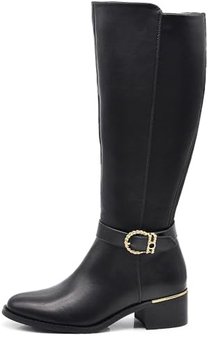 IF Fashion Scarpe Stivali Alti al Ginocchio Eleganti da Donna Con Fibbia Dorata Gambale Elasticizzato Tacco Basso Stile Equitazione 2417-1 nero N.40