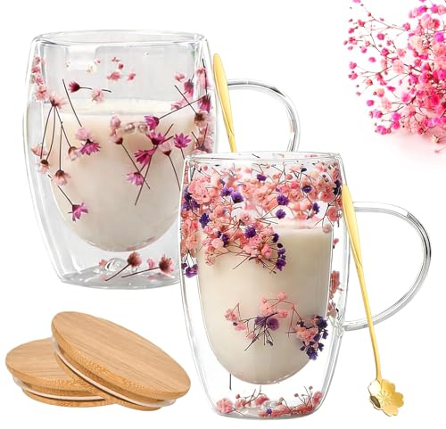Set med 2 dubbelväggiga glas, 350 ml blommönster, isolerade kaffekoppar, torkade blomglas, dubbelväggiga cappuccinokoppar för te och mjölk cappuccino (rosa + lila)