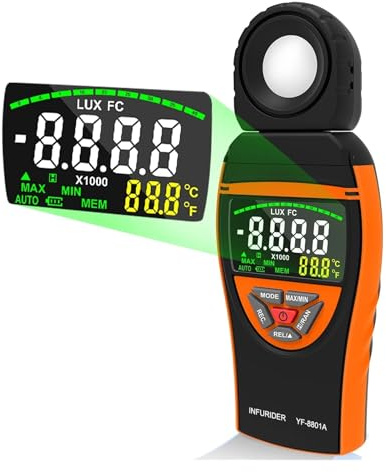 Ljusmätare, Professionell digital ljusmätare 0,1–400 000 Lux/40 FC-område, 270° roterande sensorhuvud, bakgrundsbelyst display med två färger