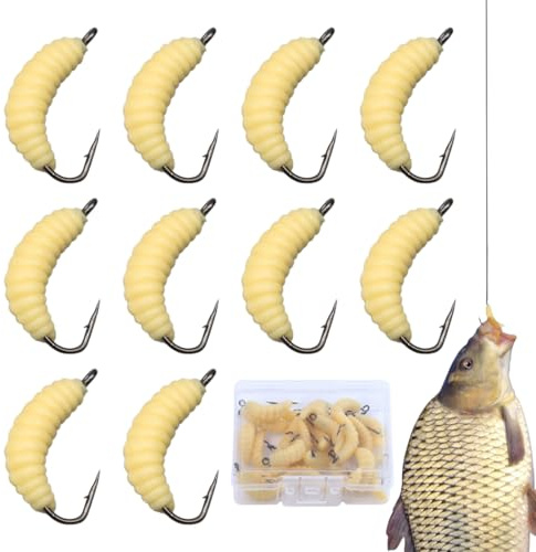 QEXUJOW Señuelos de vinilo para pesca,30 cebos de gusanos con anzuelos, cebos de larvas, cebos de plástico para pesca en agua dulce, cebos de gusanos de goma blanda