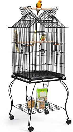Yaheetech 57-Inch Rolling Open Top Roof Bird Cage for Mid-Sized Parrots Cockatiels Caique Quaker Monk Indian Ring Neck Green Cheek Conure Middle Bird Cage with Detachable Stand