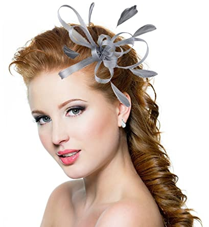 IBLUELOVER Épingle à Cheveux Mariage Plume Femme Coiffure Fleurs Chapeau Bibis Fascinator Nuptiale Accessoires Clip Cheveux Déguisement Soirée Derby Photographe Églises,Gris,Taille unique