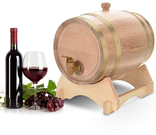 5L Oak Barrel, Vintage Wooden Oak Timber Wine Whiskey Barrel Dispenser, Leakproof Oak Wine Storage Barrel Water Butts with Wood Stand and Tap for Whiskey Bourbon Tequila Wine Vinegar Beer