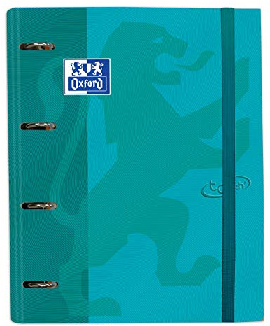 Archivador 4 anillas con recambio y goma Oxford TOUCH, Tapa Extradura A4+ con Recambio 100 Hojas, Cuadrícula 5x5, Color Aqua