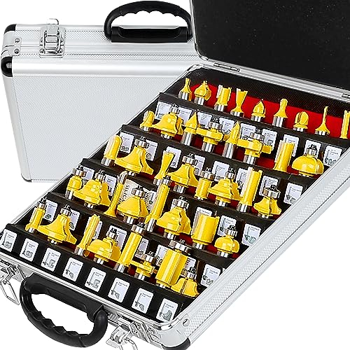 MAYLINE 1/2 Inch Shank Tongue and Groove Router Bit Tool Set 41 PC Teeth Adjustable T Shape Wood Milling Cutter, Miter Bits Sets for Router Table/Kitchen/Bathroom (Yellow)