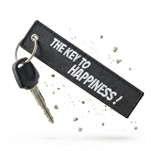 RENEGADE® Motorcykel nyckelring av tyg med nyckelring broderad och reptålig (130 x 30 mm, svart). Perfekt för din motorcykel (THE KEY TO HAPPINESS), svart, 130 x 30 mm