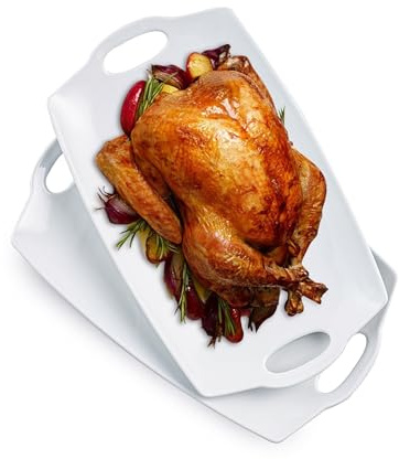 Turkey Serving Platter for Entertainment, Thanksgiving, Turkey, Serving Tray with Handles Large, Party, Display, LYEOBOH 16 inch Rectangle Porcelain Platters Set of 2, White