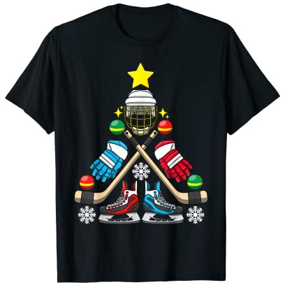 Christmas Tree Ice Hockey Christmas Tree Hockey Stick Gloves T-Shirt