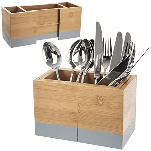 orion group Holzbehälter Besteckhalter Besteckkorb Besteckkasten Küchenutensilien Besteckständer mit 3 Fächern für Besteck Saucen Servietten und Gewürze aus Holz aufklappbar
