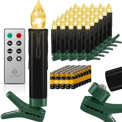 KESSER® Weihnachtsbaumkerzen 30 LED Inkl. Batterien Kabellos – Mehrfarbig - mit Fernbedienung – Timerfunktion - Flackern - Dimmbar Weihnachtskerzen Christbaumkerzen Befestigungsklammern Kerzen Schwarz