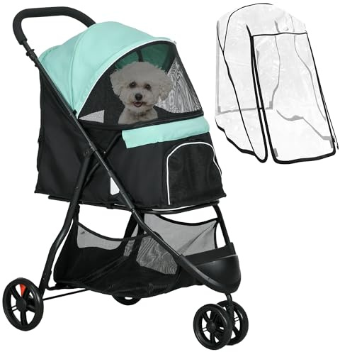 PawHut Dog Pram with Rain Cover Pet Stroller, Foldable Dog Pushchair for Small and Miniature Dogs, Cats - Green