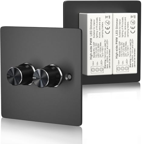 TrustWheel 12V Svart Dimmerbrytare DC12V-24V Dubbel LED-dimmer 120W 5A PWM 2-Gangs Roterande Brytare för Husbilar/Båtar/Lastbilar