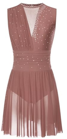 ranrann Dam Modern dansklänning gymnastik klänning dansklänning lyrisk outfit konståkning strass glänsande S-XXL, Dammig rosa, S