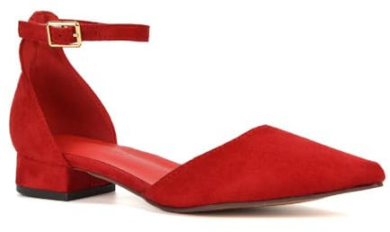 Women's Low Heel Point Toe Ankle Strap Court Shoes Ladies Red Faux Suede Wedding Dress Flat Pumps Size 6