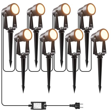 LONIUTO Focos Led Exterior, 85FT/26M 8 * 3W LED Focos de Jardín con Estaca, Blanco Cálido 3000K 14V IP65 Impermeable, al Aire Libre Iluminación de Caminos para Césped, Patios