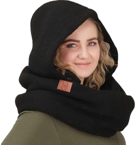 Kunst und Magie Damen Kapuzenschal Loop Schal Hoodie Schalmütze Poncho aus Wolle gestrickt, Farbe:Black/Schwarz