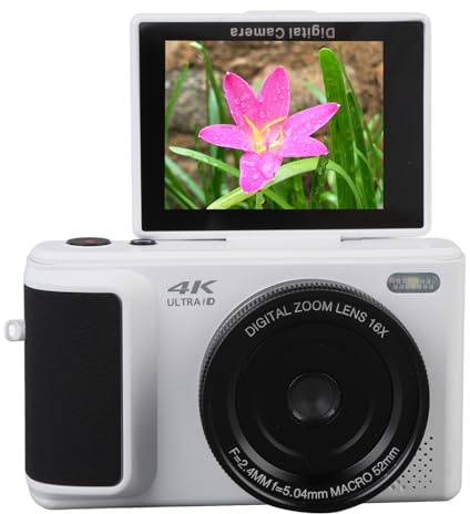 Digitalkamera för Fotografering, 4K 64MP Autofokus Vloggningskamera med 2,8 180° Vändskärm för YouTube, 16X Digital Zoom Kompaktkamera (Vit)