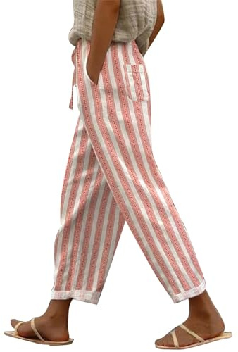 Pantalones harén para mujer, verano, flores, anchos, pantalones de verano para mujer, multicolor, pantalones de lino rosados, pantalones de verano ligeros, pantalones de lino 7/8, pantalones sueltos