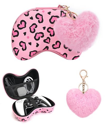 DLseego Carry Case for PS5/ PS4/ Switch Pro/ for Xbox Controller, Portable Travel Bag with Internal Mesh Pocket, Heart Leopard Carrying Storage Protective Bag with 1PC Plush Heart Charm,Pink