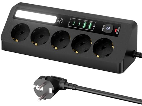 Behogan hörn grenuttag: 5-vägs flera uttag med 2 USB A och 2 typ-C, hörnuttag flera kontakter med strömbrytare, 2 m förlängningskabel för skrivbord, hörn – svart